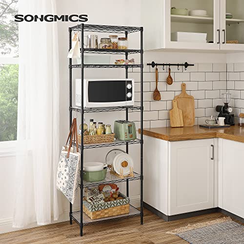 SONGMICS 7-Tier Storage Shelves, Adjustable Wire Shelving Unit, 8 Hooks - color: Ink Black, size: 7 Tiers (13.4"D x 23.2"W)