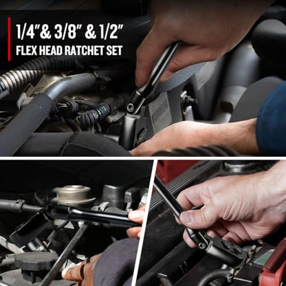 zhax 3-Piece Flex-Head Ratchet Set, 1/4”, 3/8”, 1/2” Drive 90-Tooth Ratchets, Quick Release Reversible Ratchet Wrenches for Repairing, Home, DIY, Chrome Alloy Made