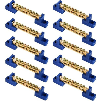 TOPZEA 10 Pack Terminal Bus Bar, 8 Positions Screw Brass Terminal Grounding Strip Bus Bar for Car Boat Marine Ground Electrical Power Distribution, Blue