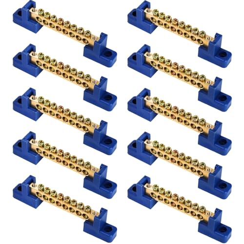 TOPZEA 10 Pack Terminal Bus Bar, 8 Positions Screw Brass Terminal Grounding Strip Bus Bar for Car Boat Marine Ground Electrical Power Distribution, Blue