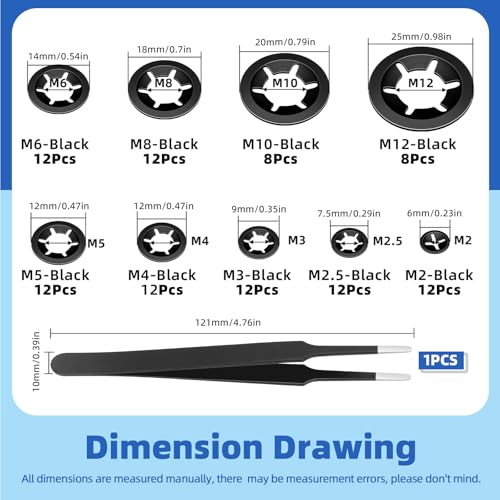 Glarks 261pcs 65Mn-Steel Internal Tooth Star Lock Washers and E-Clip Retaining Rings Kit Includes 100pcs 9 Sizes Push on Locking Washers and 160pcs 14 Sizes E-Ring Circlip Rings and A Tweezer