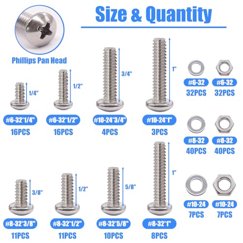 Nuts and Bolts Assortment Kit, 304 Stainless Steel Bolts 8 Sizes #6-32#8-32#10-24 Phillips Pan Head Machine Screws, Assorted Bolts, Nuts and Washers Kit (237PCS) - color: SV-SS #6 #8 #10