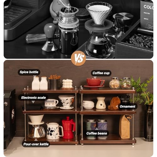 Solid Wood Coffee Bar Shelf/Rack for Countertop, 3 Tier, Walnut - color: Walnut Finish, size: 24MM Thick