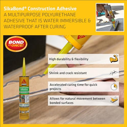 SikaBond Construction Adhesive, Gray, Advanced Polyurethane for Outdoor. Water immersible & Waterproof, 10 fl.oz - size: 10.1 Fl Oz (Pack of 1)