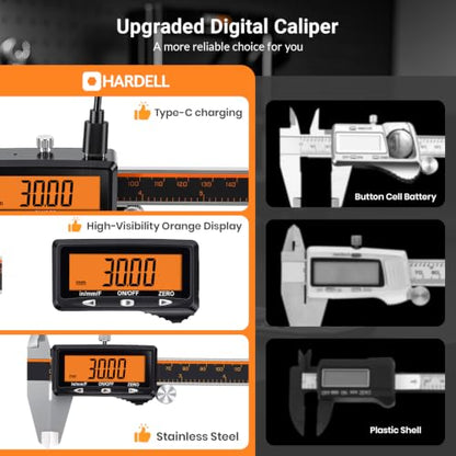 HARDELL Upgraded Digital Caliper, USB-C Calipers, Orange LCD, NonBacklit 6"