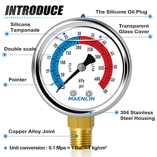 MEANLIN MEASURE 1/4" NPT 0-60psi Pressure Gauge, 2" Dial Glycerine Filled Pool Filter, 304 Stainless Steel Housing, Lower Mount, with 1/2" NPT and 3/8" NPT Hex Bushing - size: 0-60Psi/0-400Kpa, style: Lower Mount