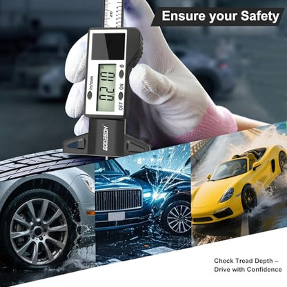 GODESON Digital Tire Tread Depth Gauge, Solar & Battery Power,1" / 25.4mm Range, Inch/MM Display, Black Universal Tire Wear Depth Gauge for All Vehicles (Car, Truck, SUV) - style: IN/MM - Black