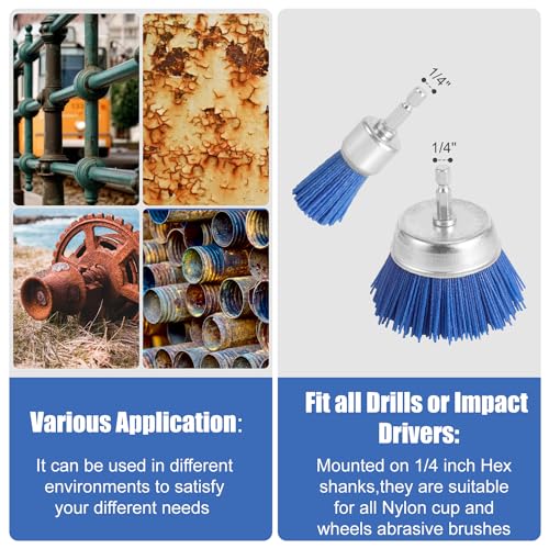 NQEUEPN 9pcs Nylon Wire Wheel & Cup Brush Set for Drill, 3 Sizes Abrasive Brush with 1/4in Hex Shank for Cleaning Sanding Drill Scrub Brush Attachment Remove Paint 80/100/240 Grit, Blue