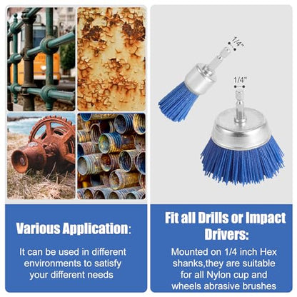 NQEUEPN 9pcs Nylon Wire Wheel & Cup Brush Set for Drill, 3 Sizes Abrasive Brush with 1/4in Hex Shank for Cleaning Sanding Drill Scrub Brush Attachment Remove Paint 80/100/240 Grit, Blue