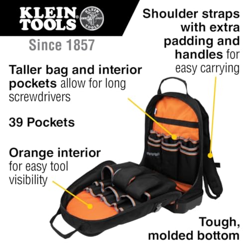 Klein Tools 55421BP-14 Tool Backpack, 39 Pockets, Black/Orange/Gray - style: Low Profile