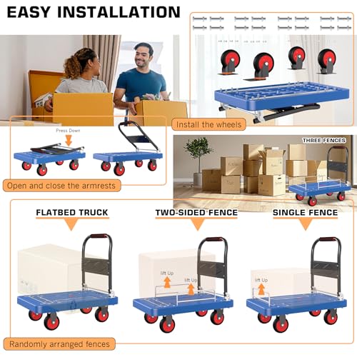 Heavy-Duty Platform Truck Cart with 3 Fence 1100lbs Capacity - color: Blue, size: 28"x19"