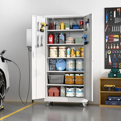 Reemoon Metal Cabinet with 5 Adjustable Shelves,casters and Door pegboard - color: White, size: 16"D x 32"W x 71"H