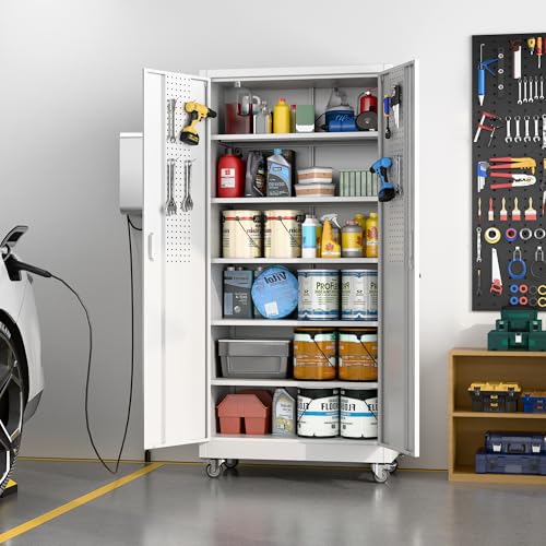 Reemoon Metal Cabinet with 5 Adjustable Shelves,casters and Door pegboard - color: White, size: 16"D x 32"W x 71"H