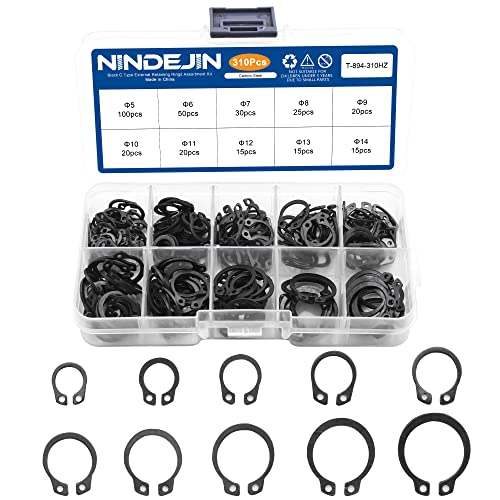 NINDEJIN Snap Ring Shop Assortment, 310PCS External Retaining Rings 5-14mm (0.20''-0.55'') Carbon Steel Snap Retaining C Clip Rings Kit for Grooved Shafts, Studs, and Other Moving Parts - size: 310PCS (5-14mm)