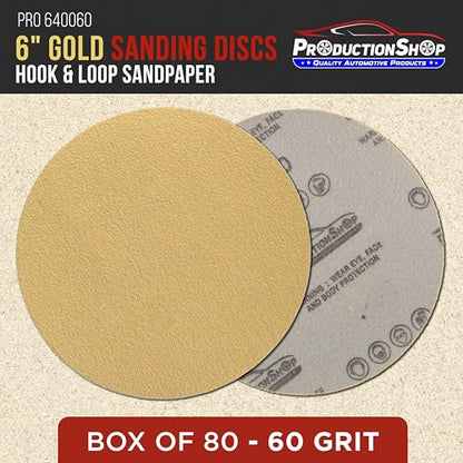 ProductionShop Premium 60 Grit 6" Gold Sanding Discs, Box of 80 - Hook & Loop Backing Abrasive Sandpaper for DA & Random Orbital Sanders - Sand Automotive Paint, Metal, Wood, Woodworking Furniture - style: 60 Grit
