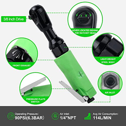 Dotool 3/8" Air Ratchet Wrench 50 ft-lbs Max Torque Output Professional Pneumatic Aluminum 160 RPM Comfort Grip, Lightweight, Compact, Forward/Reverse Control - color: Bright Green