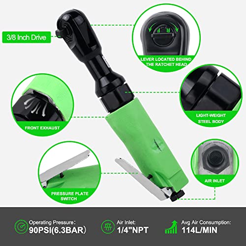 Dotool 3/8" Air Ratchet Wrench 50 ft-lbs Max Torque Output Professional Pneumatic Aluminum 160 RPM Comfort Grip, Lightweight, Compact, Forward/Reverse Control - color: Bright Green