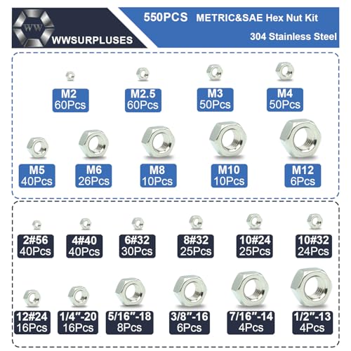 550Pcs SAE & Metric Hex Nuts Kit, 304 Stainless Steel Hex Nut Kit - size: Metric and SAE Kit---550Pcs