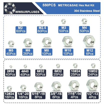 550Pcs SAE & Metric Hex Nuts Kit, 304 Stainless Steel Hex Nut Kit - size: Metric and SAE Kit---550Pcs