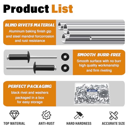 130pcs 3/16" x 1/2" Black Aluminum Pop Rivets with Stainless Steel Washers 4.8 x 12.7mm Blind Rivet Assortment Kit - size: 3/16*1/2
