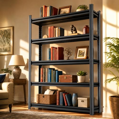 Black Metal Bookshelf 5 Tier Shelf, Heavy Duty Industrial Book Case Shelving Unit, Standing Storage Rack for Books Plants Kitchen Decor, Free Standing Bookcase Shelves Organizer for Bedroom Office - size: 5Tier-47.2"Wx23.6"Dx71.2"H