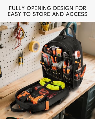 Heavy Duty Tool Bag Backpack, Full-Open Water Resistant Tool Storage and Organization with USB Charging Port for Electricians, Mechanics,HVAC Engineers (Red) - color: Red