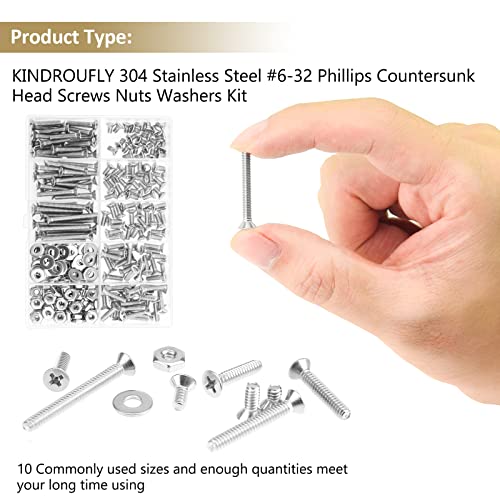 242 Pieces #6-32x 1/4", 5/16", 3/8", 1/2", 5/8", 3/4", 1", 1-1/4", Phillips Countersunk Head Machine Screws Nuts Washers Assortment Kit, 304 Stainless Steel, Fully Machine Thread - size: #6-32