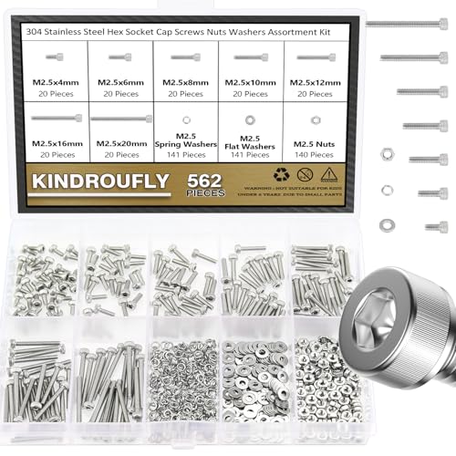 562 Pieces M2.5 x 4/6 /8/10 /12/16 /20mm Hex Socket Head Cap Screws Nuts Washers Assortment Kit, 304 Stainless Steel, Fully Machine Thread - size: M2.5, style: Socket Head