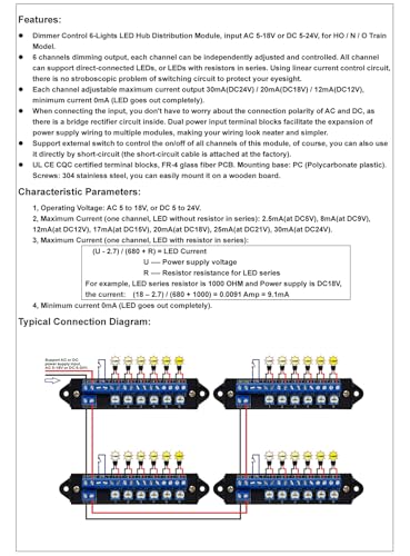 Dimmer Control 6-Lights LED Hub Distribution Module, AC/DC 5 to 24V Input, for HO/N/O Train Model. OONO D-1660BP