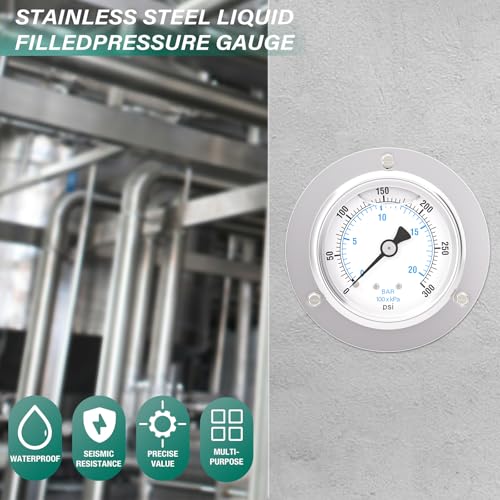 0-300PSI Panel Mount Front Flanged Glycerin Filled Pressure Gauge, 2.5" Dial Size, 1/4" MNPT Back Mount, Stainless Steel Case, with Phillips Screw and Nut, for Water, Gas, Liquid Pressure - color: Liquid Filled - Stainless Steel Case, size: 0-300PSI