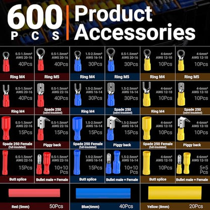 Preciva Crimping Tool with 490PCS Insulated Terminals and 110 Heat Shrink Tubes, AWG 20-10 Ratchet Crimping Pliers with Storage Case for Car, Electric