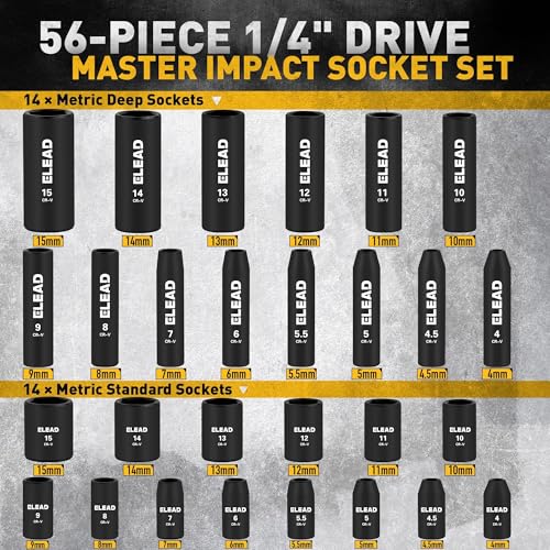 ELEAD 1/4" Drive Impact Socket Set, 56-Piece Standard SAE (5/32 to 9/16 inch) and Metric (4-15mm) Size, Deep & Shallow, 6 Point, Cr-V, 72-Tooth Ratchet Handle, Extension Bar, Universal Joint - color: 1/4'' Drive Impact Socket Set Black