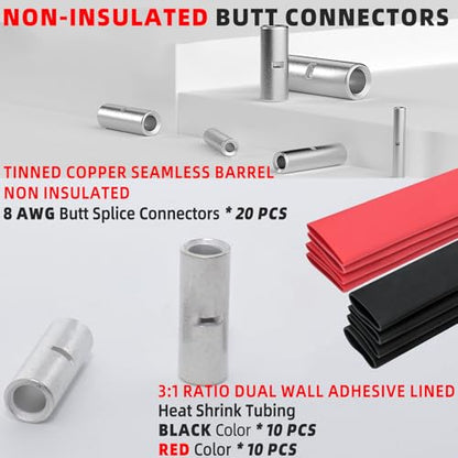 BAALA 20 PCS 8 Gauge Non-Insulated Butt Connectors Kit Tinned Copper, 20PCS Seamless Barrel Crimp Butt Splice Connector Wire Connectors with 20PCS 3:1 Heat Shrink Tubes - color: Tinned Copper