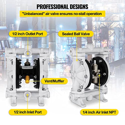 VEVOR Air-Operated Double Diaphragm Pump, 1/2 in Inlet & Outlet, Polypropylene Body, 2.5 GPM & Max 80PSI, PTFE Diaphragm Pneumatic Transfer Pump for Petroleum, Diesel, Oil & Low Viscosity Fluids - size: 2.5 GPM