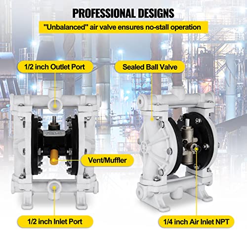 VEVOR Air-Operated Double Diaphragm Pump, 1/2 in Inlet & Outlet, Polypropylene Body, 2.5 GPM & Max 80PSI, PTFE Diaphragm Pneumatic Transfer Pump for Petroleum, Diesel, Oil & Low Viscosity Fluids - size: 2.5 GPM