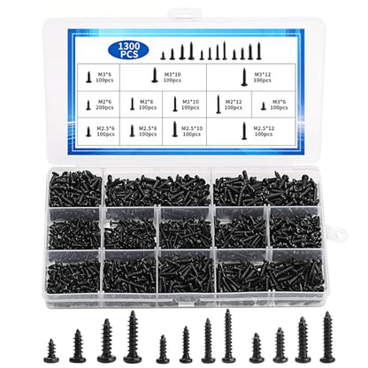 1300 Pcs Black Wood Screws Kit - M2 M2.5 M3 Pan Head Self-Tapping - color: black-Pan Tou