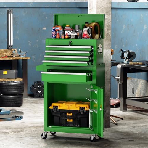 Crownland 5-Drawer Rolling Tool Chest with Wheels, Green - color: Green, style: 5-Drawer Rolling Tool Chest