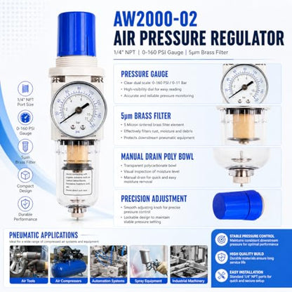 BLCH 1/4" NPT Air Compressor Regulator - Air Pressure Regulator, Air Dryer AW2000-02 Manual Drain Poly Bowl Gauge 0-160 PSI 5μm Brass - size: AW2000-02