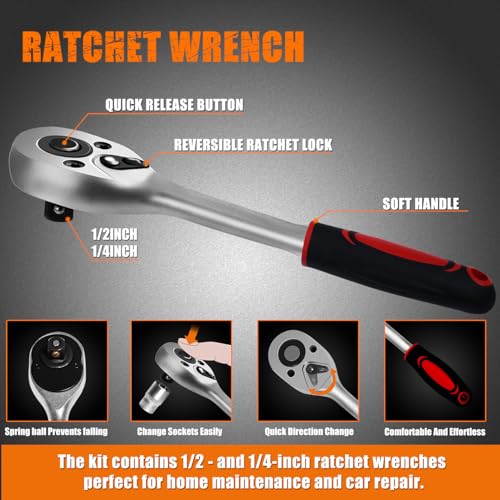 XHTT Mechanics Tools Kit,108-Piece 1/4"&1/2 Metric And Standard Socket Set,Ratchet Set,Quick Release Reversible Ratchet Wrench,Universal Joint,Extension Bars.