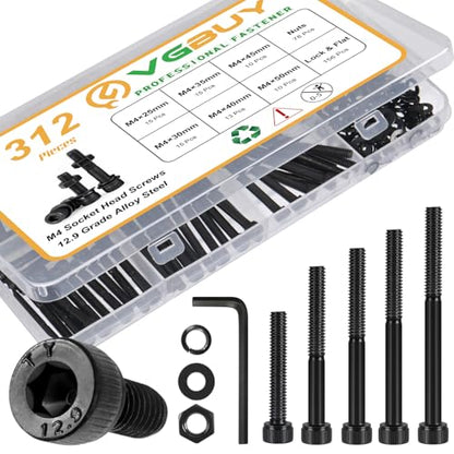VGBUY 312Pcs M4 Screw Kit, Black M4 Screws (6 Sizes 25-50mm), Metric Nuts and Bolts Assortment Kit, Hex Socket Head Cap 25/30/35/40/45/50mm with Washer Nuts, 12.9 Grade - size: M4x25/30/35/40/45/50mm, style: Socket Head