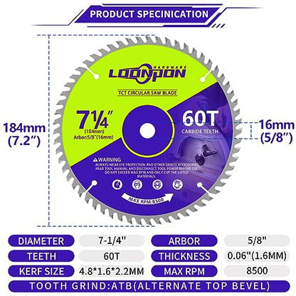 7-1/4 Inch Circular Saw Blade, Woodworking Saw Blade,5/8" Arbor,60 T - size: 7-1/4" 60T Carbide Saw Blade