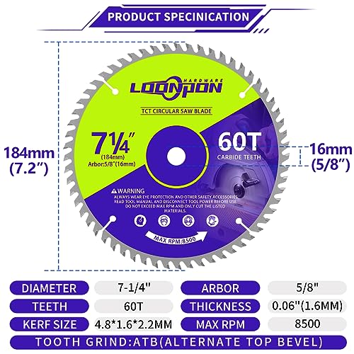 7-1/4 Inch Circular Saw Blade, Woodworking Saw Blade,5/8" Arbor,60 T - size: 7-1/4" 60T Carbide Saw Blade