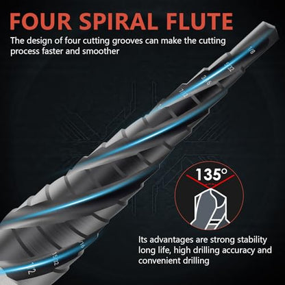 M35 Four Spiral Flute Cobalt Step Drill Bit, 1/8"-1/2", - size: M35 Cobalt 1 Piece (1/8"-1/2", 13 Steps)