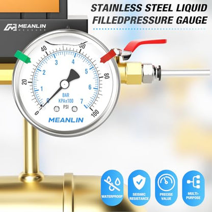 MEANLIN MEASURE 0~100Psi Stainless Steel Liquid Filled Pressure Gauge 2.5" FACE DIAL 1/4" NPT for Well Pump Tire Water Pressure Tester Back Mount with Stainless Steel Hex Bushing and Snaps - size: 0-100Psi, style: Back Mount