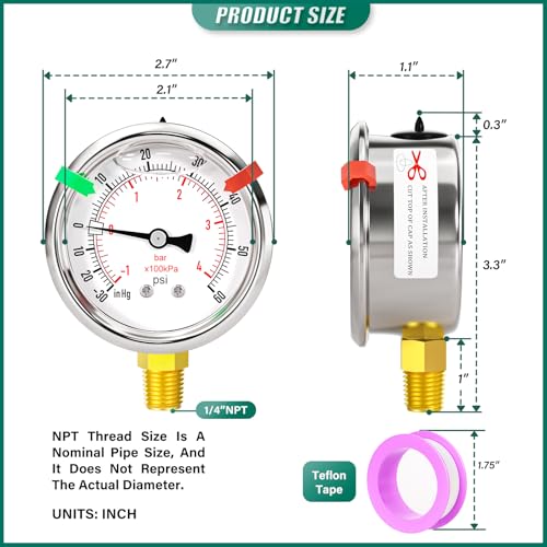 -30inHG-60psi Stainless Steel Glycerin Liquid Filled Vacuum Pressure Gauge 1/4" NPT 2.5" Face Dial Center Lower Mount, for Water, Oil and Air Pressure Testing (with Range Mark Pointer) - size: -30inHG-60Psi