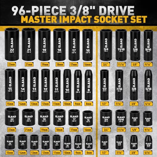 ELEAD 96-Piece 3/8" Drive Impact Socket Set, SAE(5/16 to 3/4-Inch) & Metric(8-22mm), Standard & Deep Sockets, Ratchet Handle, Bit Set, Universal Joint, Extension Bar, Adapters, Spark Plug Sockets - color: 96pcs 3/8'' Drive Impact Socket Set Black