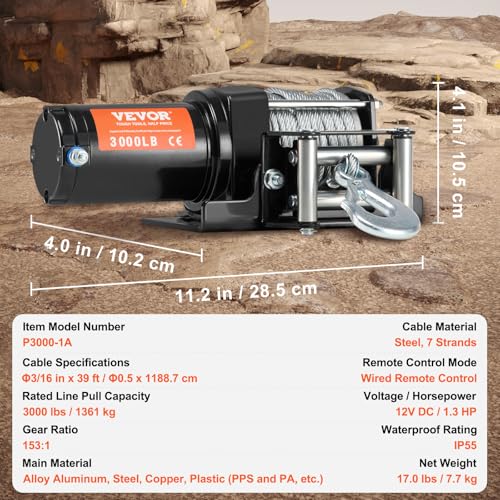 VEVOR ATV Winch, 3000 lb Electric Winch, 12V Small ATV UTV Winch with 3/16 in x 39 ft Steel Cable Roller Fairlead Wired Remote Control, IP55 Waterproof for Towing UTV ATV Car Vehicle Off-Road - size: 3000 LBS
