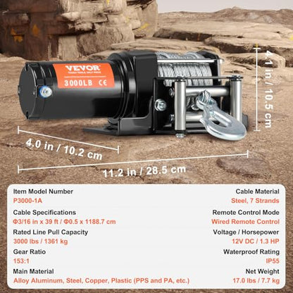 VEVOR ATV Winch, 3000 lb Electric Winch, 12V Small ATV UTV Winch with 3/16 in x 39 ft Steel Cable Roller Fairlead Wired Remote Control, IP55 Waterproof for Towing UTV ATV Car Vehicle Off-Road - size: 3000 LBS