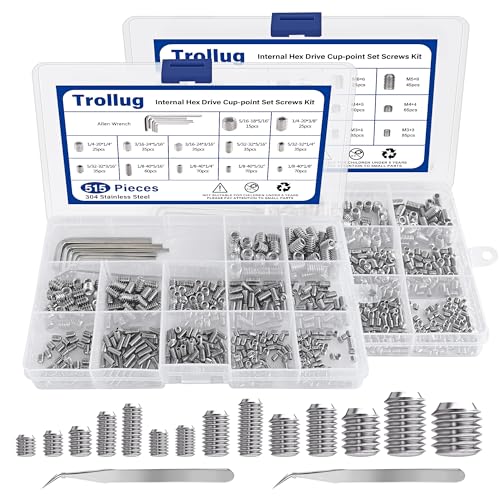 1305PCS Metric + SAE Set Screw Assortment Kit, Internal Hex Drive Headless Set Screw Assortment Kit with 10 Hex Wrenches, M3 to M8 and 1/8-40 to 5/16-18 (304 Stainless Steel) - color: Silver