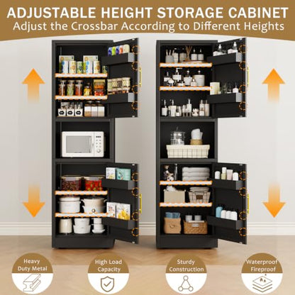 67" Freestanding Metal Pantry Cabinet, Tall Kitchen Food Storage Cupboard - color: Black, size: 15.75"D x 19.68"W x 67"H